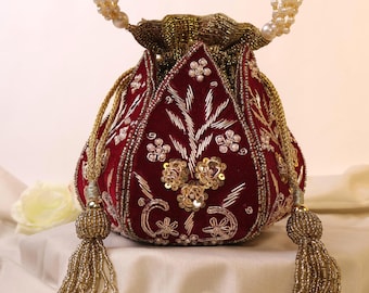 Red Lotus Potli Bag | Maroon Potli Bag | Embroidered Lotus Potli with Zardozi work | Indian Handcrafted Purse | Evening Bag | Bridal Clutch