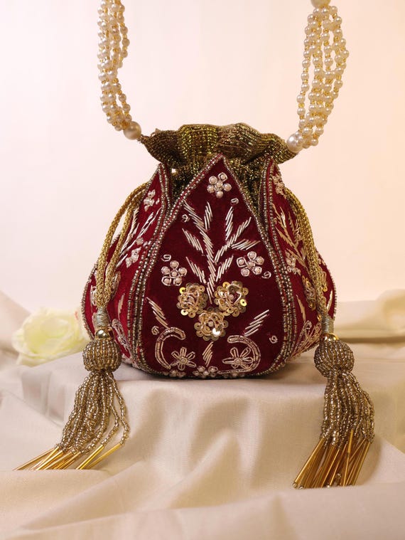 Red Lotus Potli Bag | Maroon Potli Bag | Embroidered Lotus Potli with Zardozi work | Indian Handcrafted Purse | Evening Bag | Bridal Clutch