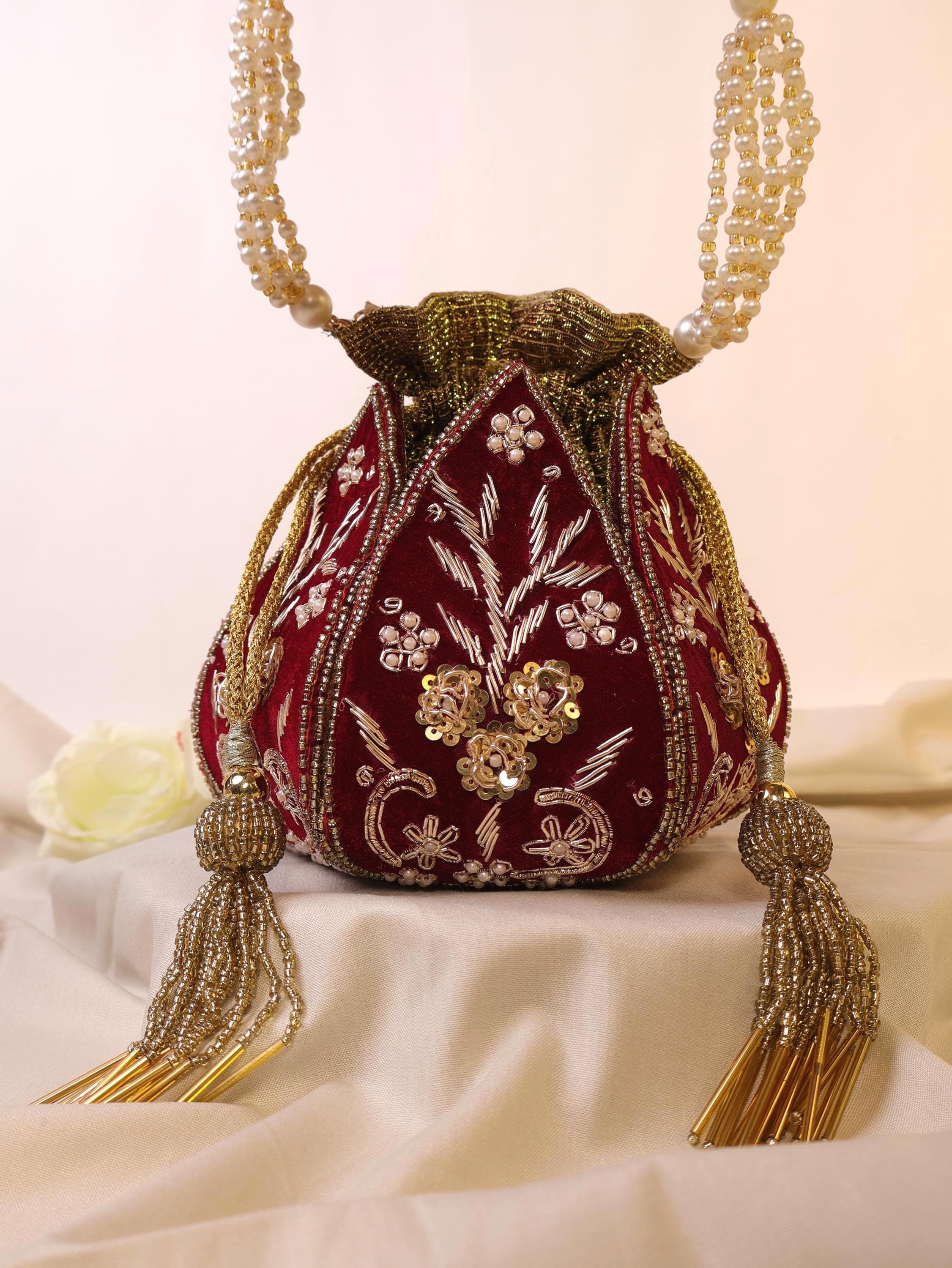 Red Lotus Potli Bag | Maroon Potli Bag | Embroidered Lotus  display picture 1