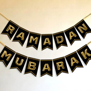 Ramadan Mubarak Banner, Ramadan Kareem Banner Bunting With Gold Letters ...