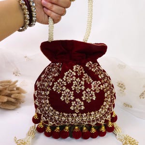 Maroon Velvet Embroidered Potli Bag | Bridal Drawstring Pouch with Round Tassels | Indian Handcrafted Wedding Purse image 10
