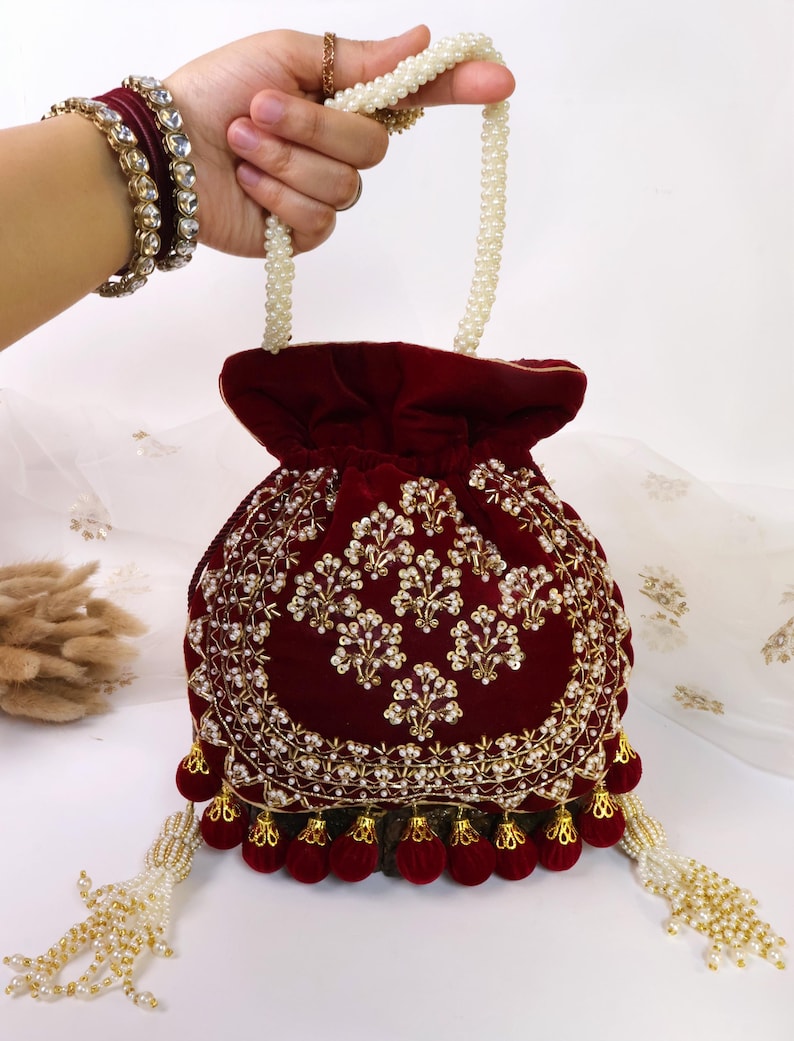 Maroon Velvet Embroidered Potli Bag | Bridal Drawstring Pouch with Round Tassels | Indian Handcrafted Wedding Purse image 10