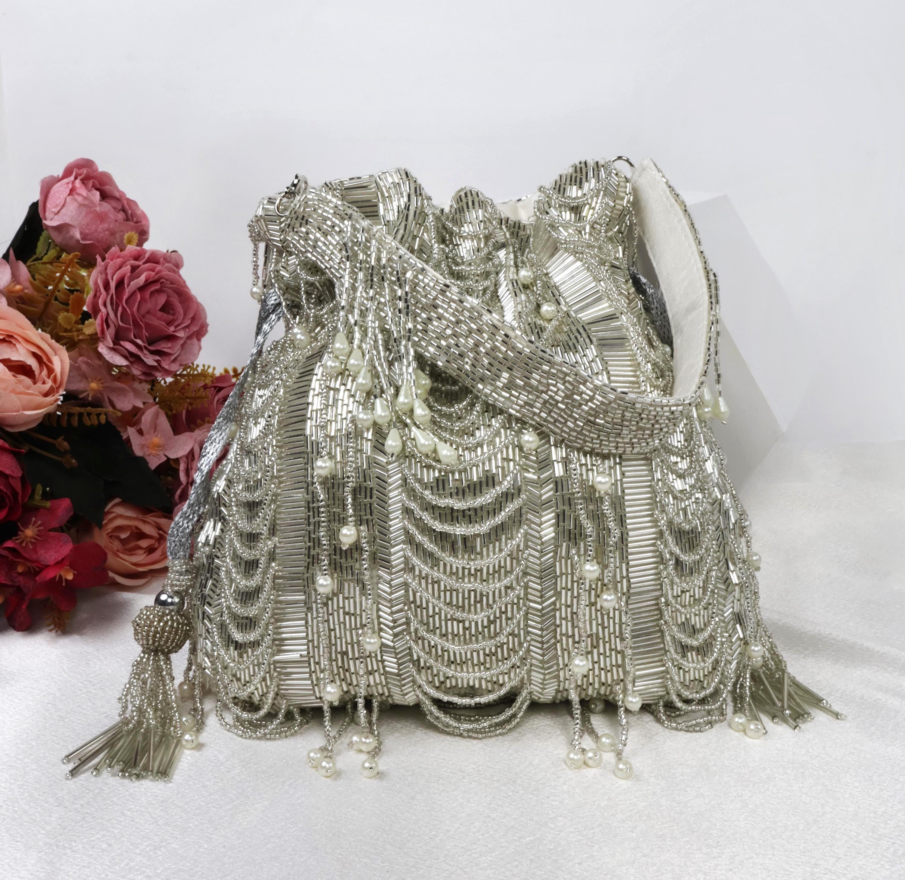 Silver Beaded Potli Bag | Cutdana Beads Embroidered Bridal Purse Silver Beaded Potli Bag | Cutdana Beads Embroidered Bridal Purse