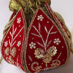 Red Lotus Potli Bag | Maroon Potli Bag | Embroidered Lotus Potli with Zardozi work | Indian Handcrafted Purse | Evening Bag | Bridal Clutch image 11