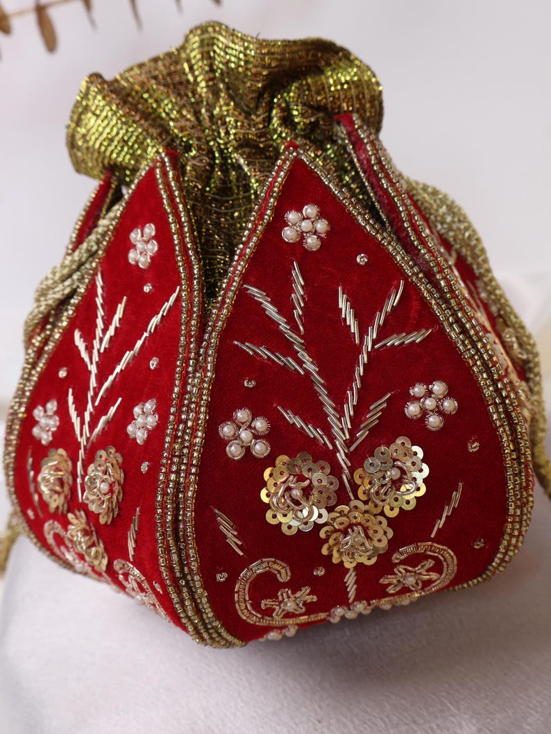 Red Lotus Potli Bag | Maroon Potli Bag | Embroidered Lotus Potli with Zardozi work | Indian Handcrafted Purse | Evening Bag | Bridal Clutch image 11