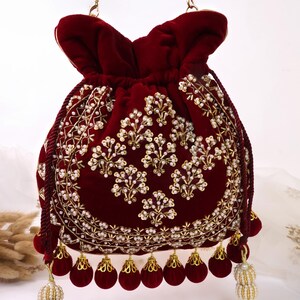 Maroon Velvet Embroidered Potli Bag | Bridal Drawstring Pouch with Round Tassels | Indian Handcrafted Wedding Purse image 11