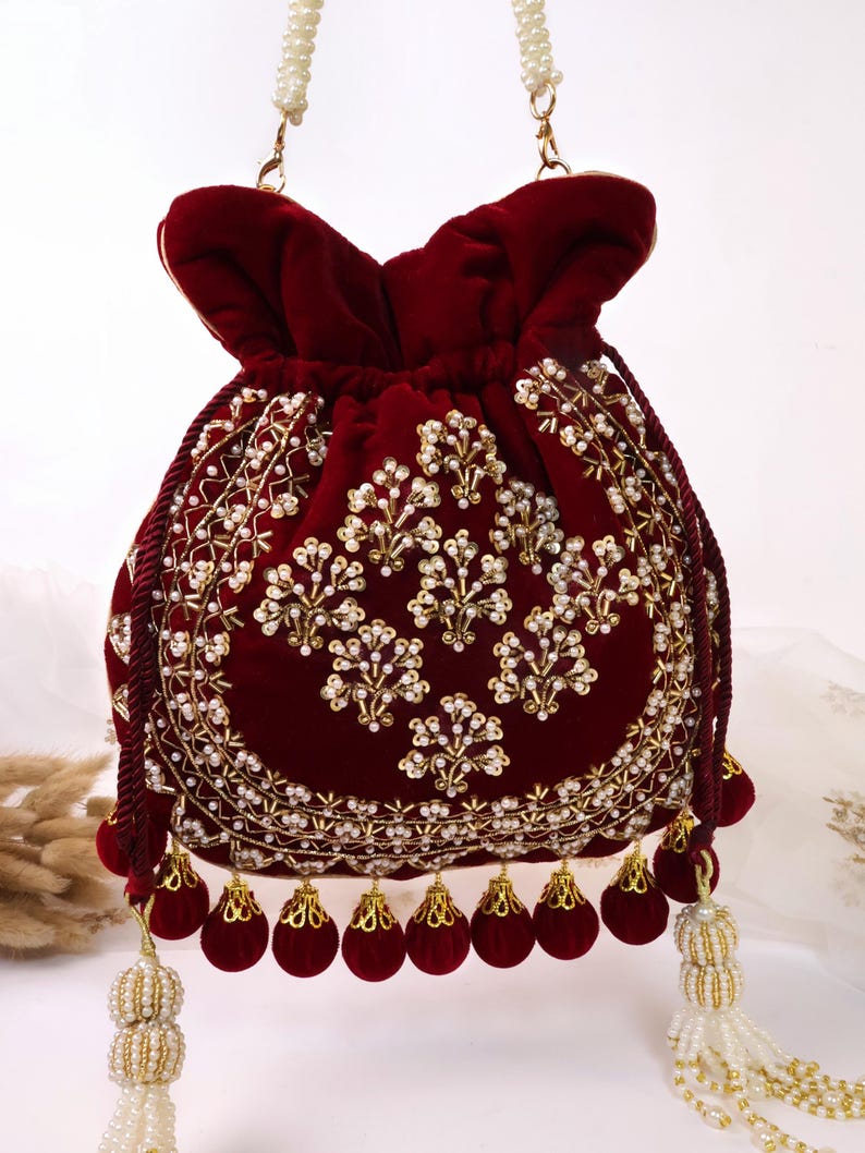 Maroon Velvet Embroidered Potli Bag | Bridal Drawstring Pouch with Round Tassels | Indian Handcrafted Wedding Purse image 11