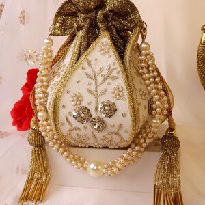 Red Lotus Potli Bag | Maroon Potli Bag | Embroidered Lotus Potli with Zardozi work | Indian Handcrafted Purse | Evening Bag | Bridal Clutch White
