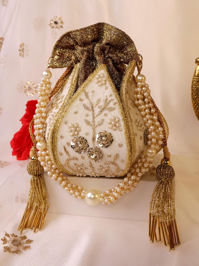 Red Lotus Potli Bag | Maroon Potli Bag | Embroidered Lotus Potli with Zardozi work | Indian Handcrafted Purse | Evening Bag | Bridal Clutch White