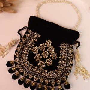 Black Velvet Embroidered Potli Bag | Bridal Drawstring Pouch with Round Tassels | Indian Handcrafted Wedding Purse image 6