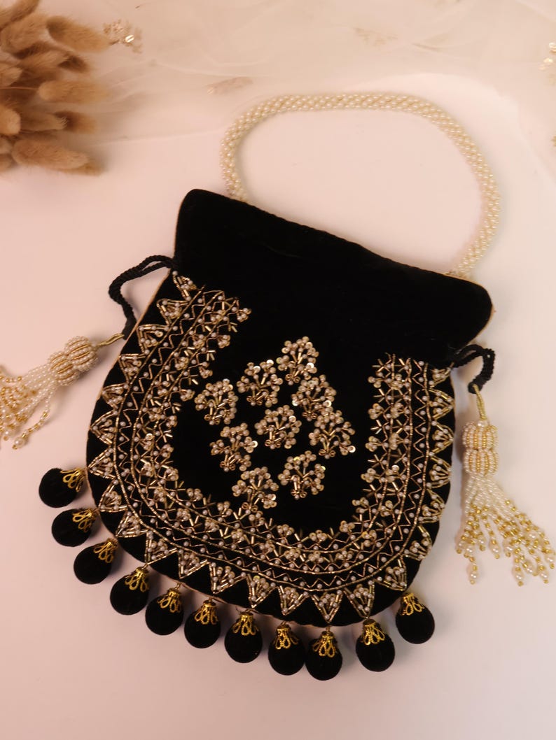 Black Velvet Embroidered Potli Bag | Bridal Drawstring Pouch with Round Tassels | Indian Handcrafted Wedding Purse image 6