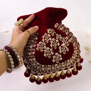 Maroon Velvet Embroidered Potli Bag | Bridal Drawstring Pouch with Round Tassels | Indian Handcrafted Wedding Purse image 9