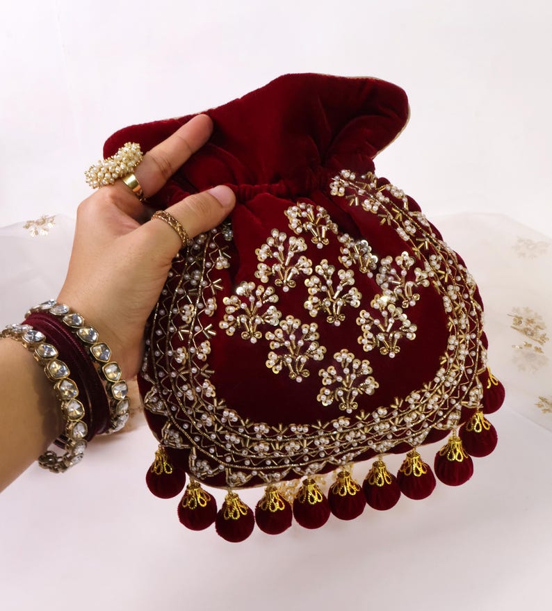Maroon Velvet Embroidered Potli Bag | Bridal Drawstring Pouch with Round Tassels | Indian Handcrafted Wedding Purse image 9
