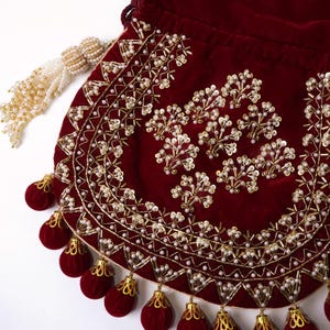 Maroon Velvet Embroidered Potli Bag | Bridal Drawstring Pouch with Round Tassels | Indian Handcrafted Wedding Purse image 14