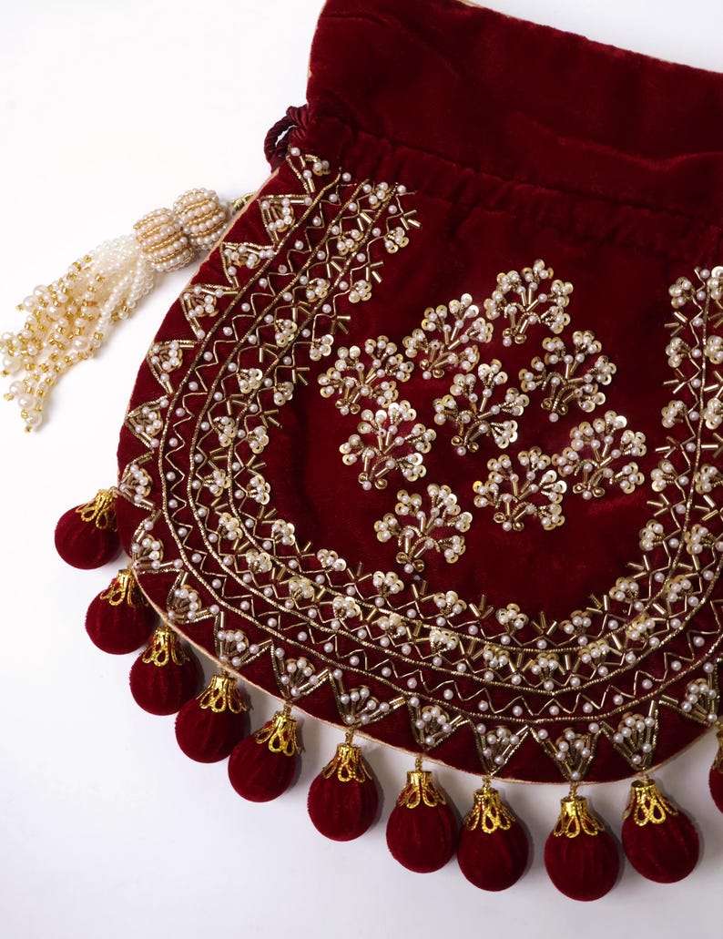 Maroon Velvet Embroidered Potli Bag | Bridal Drawstring Pouch with Round Tassels | Indian Handcrafted Wedding Purse image 14
