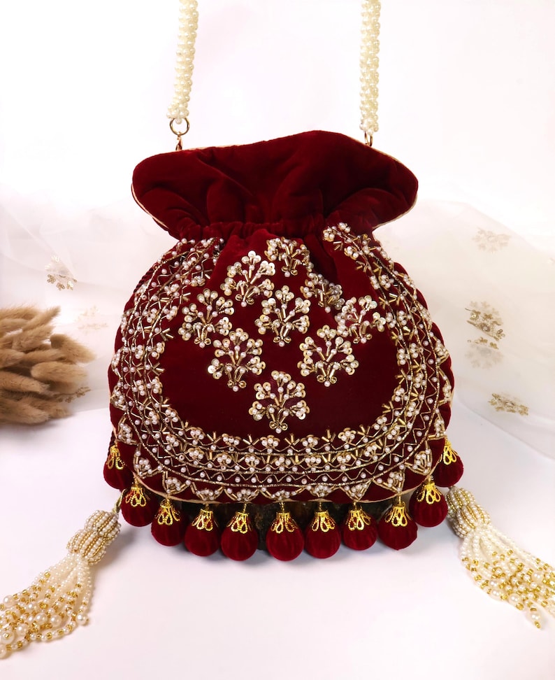 Maroon Velvet Embroidered Potli Bag | Bridal Drawstring Pouch with Round Tassels | Indian Handcrafted Wedding Purse image 1