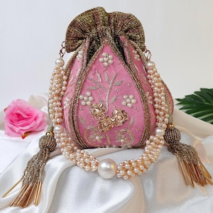 Red Lotus Potli Bag | Maroon Potli Bag | Embroidered Lotus Potli with Zardozi work | Indian Handcrafted Purse | Evening Bag | Bridal Clutch Pink