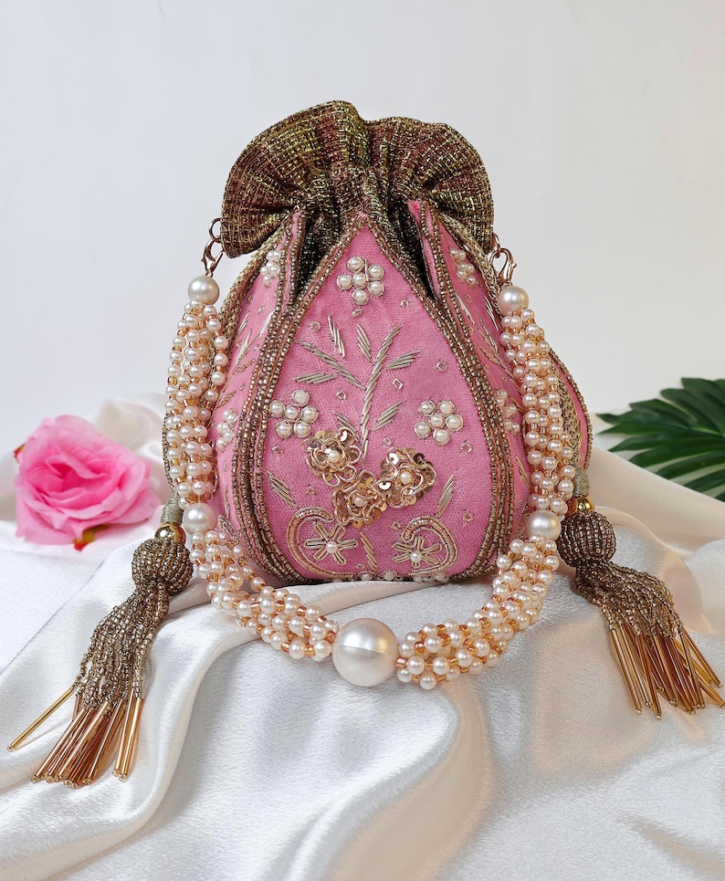 Red Lotus Potli Bag | Maroon Potli Bag | Embroidered Lotus Potli with Zardozi work | Indian Handcrafted Purse | Evening Bag | Bridal Clutch Pink