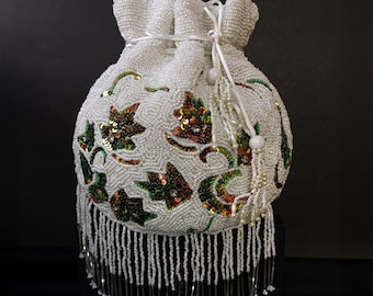 White Potli Bag with Sequin and Cutdana Embellishments | Indian Embroidered Potli Bag with     Pearl beaded handle | White Party Clutch