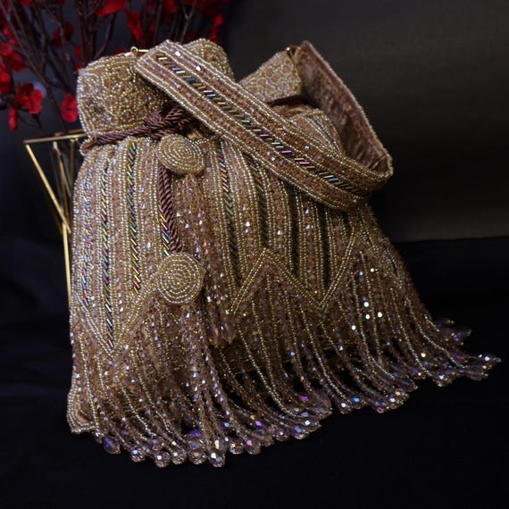 Copper Brown Potli Bag with Crystal Tassels and Cutdana Embellishments, Bridal Purse, Wedding Clutch, Indian Handcrafted Potli, Gift for Her