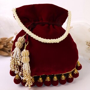 Maroon Velvet Embroidered Potli Bag | Bridal Drawstring Pouch with Round Tassels | Indian Handcrafted Wedding Purse image 7