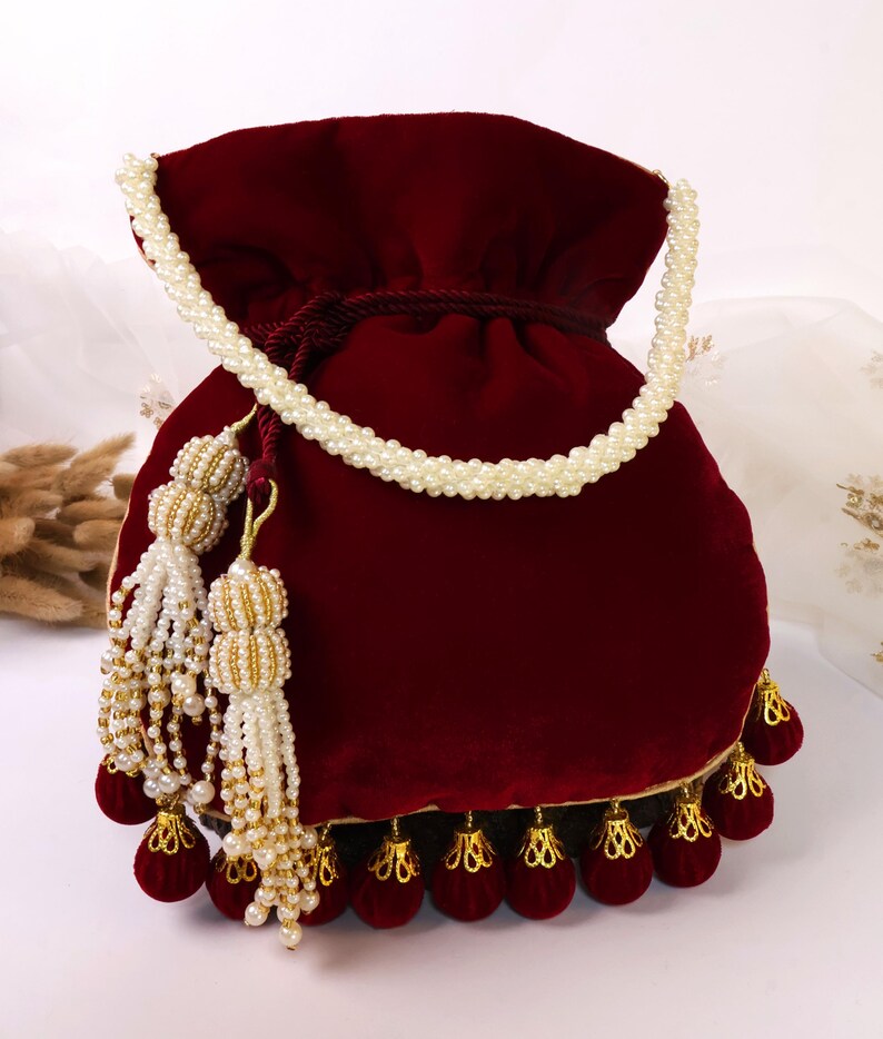Maroon Velvet Embroidered Potli Bag | Bridal Drawstring Pouch with Round Tassels | Indian Handcrafted Wedding Purse image 7