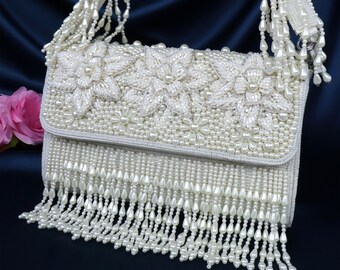 Pearl Beaded Bridal Bag: White Wedding Clutch with Tassels
