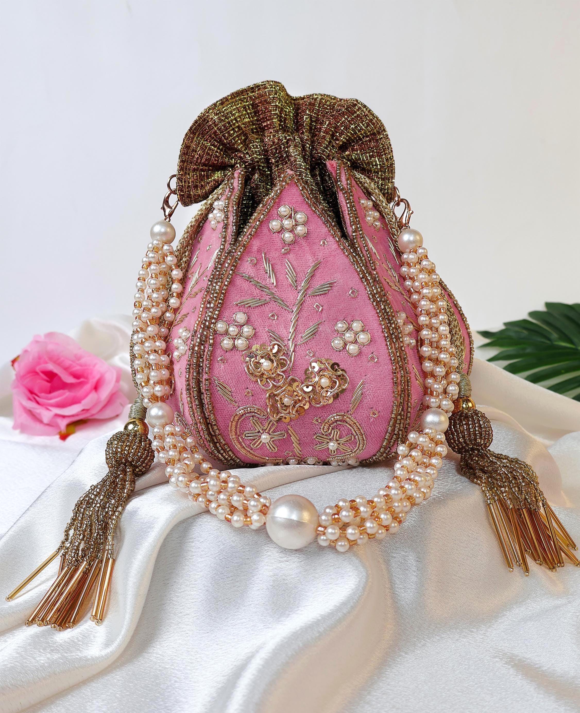 Pink Lotus Potli Bag | Embroidered Peach color Lotus Potli with Zardozi work | Indian Handcrafted Purse | Evening Bag | Bridal Clutch