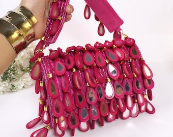 Hot Pink Mirror Work Clutch Bag | Handcrafted Bridesmaid Bag | Bride to Be Purse | Barbie Bag Gift