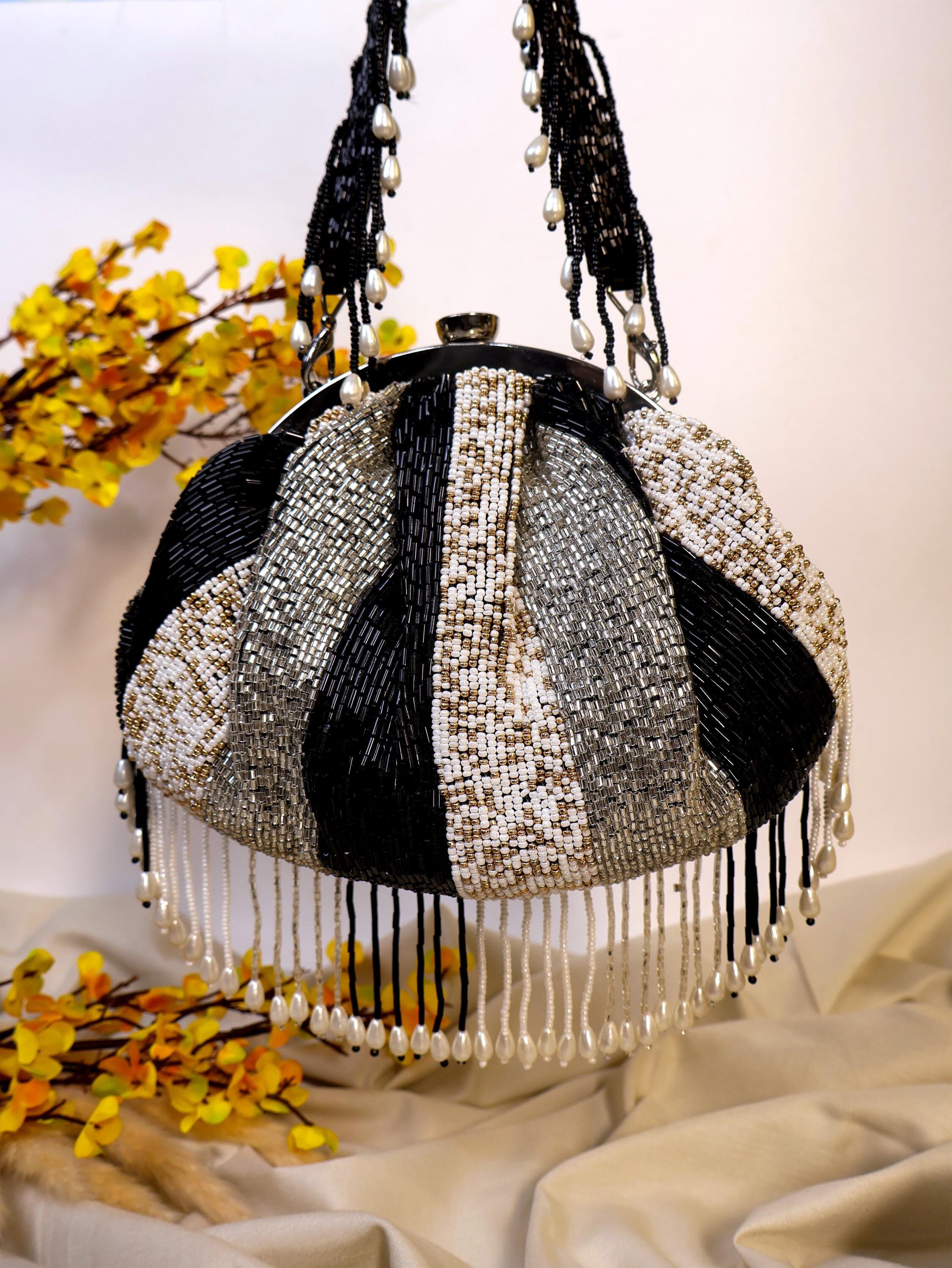 Beaded Clutch Bag: Silver & Black Striped Bridal Purse with Tassels