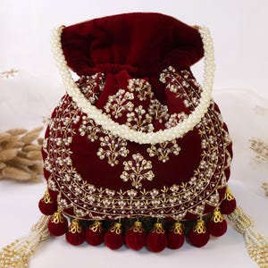 Maroon Velvet Embroidered Potli Bag | Bridal Drawstring Pouch with Round Tassels | Indian Handcrafted Wedding Purse image 4