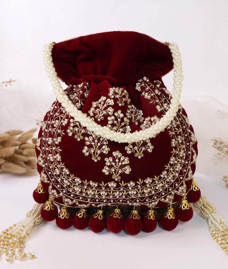 Maroon Velvet Embroidered Potli Bag | Bridal Drawstring Pouch with Round Tassels | Indian Handcrafted Wedding Purse image 4
