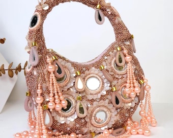 Peach Beaded Mirror Bag | Rose Gold Boho Crescent Bag | Mirror Moon Bag | Bridesmaid Purse