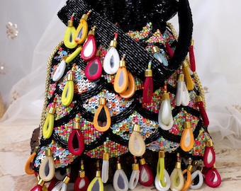 Black Scalloped Mirror Beaded Potli Bag | Multicolor Beaded Boho Purse | Indian Handcrafted Drawstring Pouch