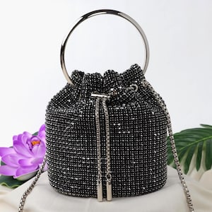 Black Crystal Mesh Bon Bon Bag with Metallic Handle and Drawstring Closure | Black Shoulder Bag | Bucket Style Bag | Black Evening Clutch
