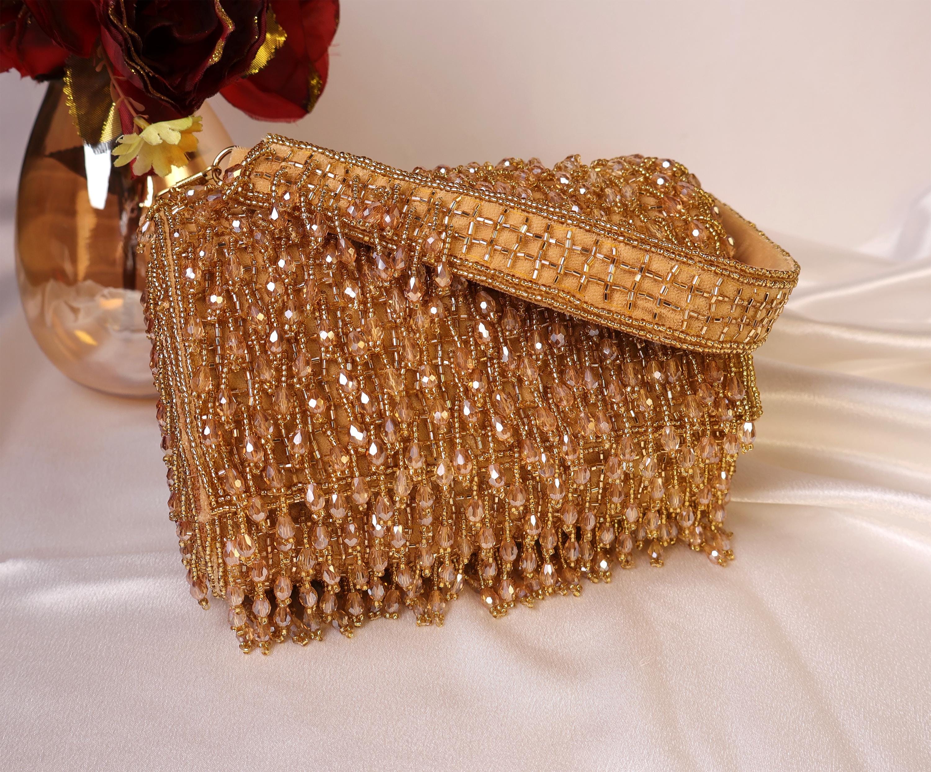 Brown tweed clutch w Gold-trim, Crystal Flower. Bag is sturdy and structured. Elegant Rose Flower Crystal Clutch Evening Bags for Women  main image 3