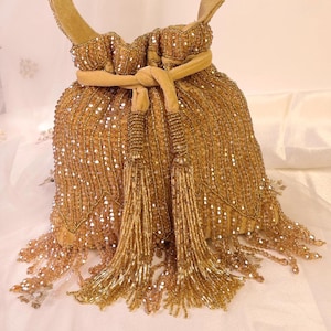 Golden Crystal Potli Bag with Long Drawstring Tassels | Embellished Gold Potli Bag  | Golden Party Clutch | Bridal Handbag | Wedding Purse
