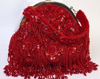 Red Embroidered Bridal Clutch Bag | Indian Handcrafted Purse with Tassels