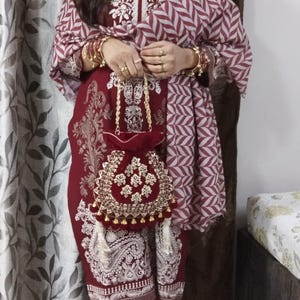 Maroon Velvet Embroidered Potli Bag | Bridal Drawstring Pouch with Round Tassels | Indian Handcrafted Wedding Purse image 6