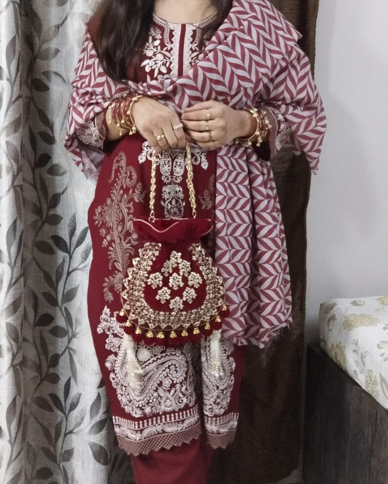 Maroon Velvet Embroidered Potli Bag | Bridal Drawstring Pouch with Round Tassels | Indian Handcrafted Wedding Purse image 6