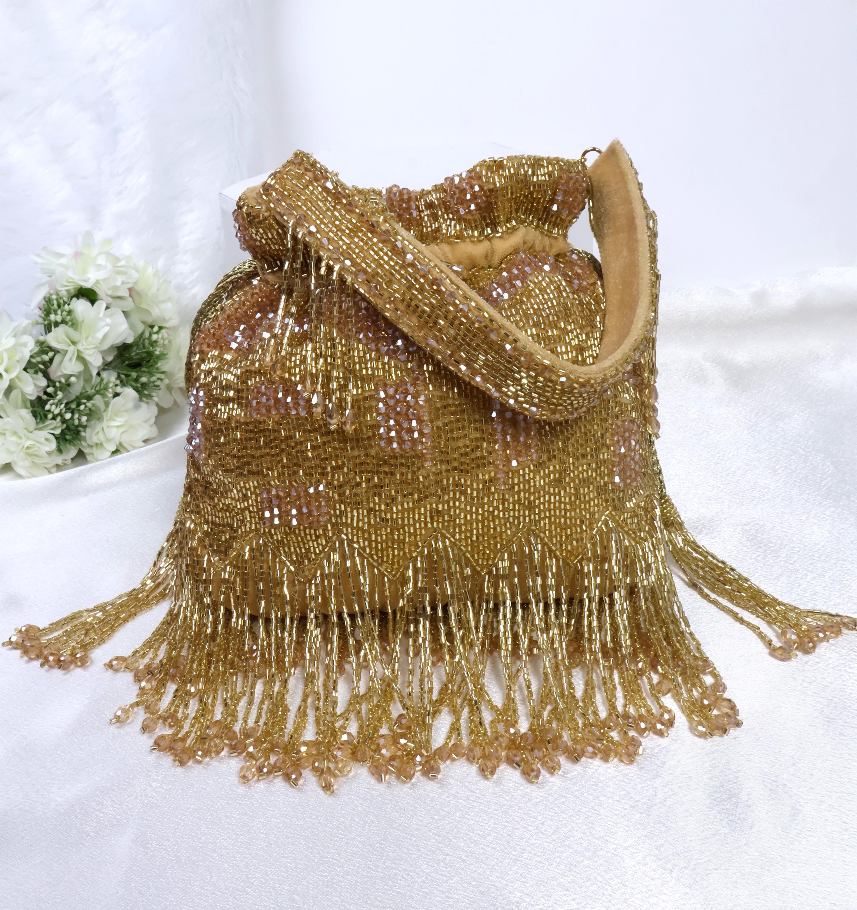 Golden Potli Bag with Crystal Tassels and Cutdana Beads Embellishments, Bridal Purse, Wedding Clutch, Indian Handcrafted Potli, Gift for Her