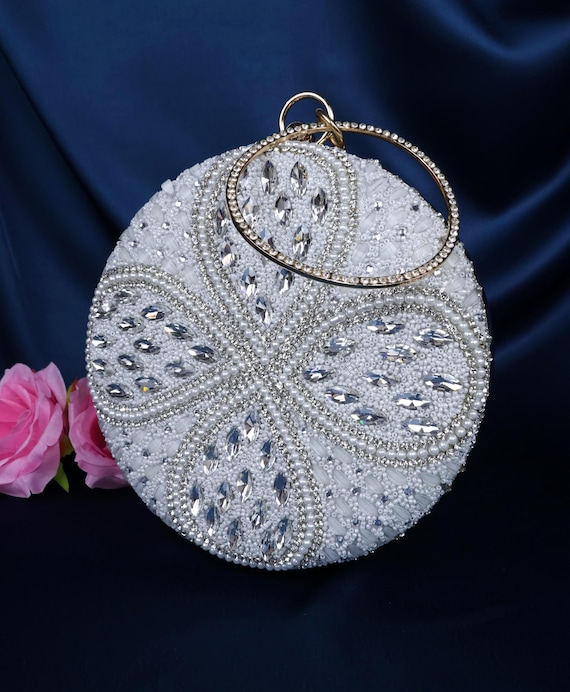Weiße runde Clutch-Tasche Perlen Steine Verschönerte Tasche