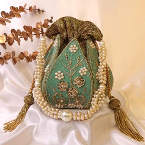 Red Lotus Potli Bag | Maroon Potli Bag | Embroidered Lotus Potli with Zardozi work | Indian Handcrafted Purse | Evening Bag | Bridal Clutch Mint Green