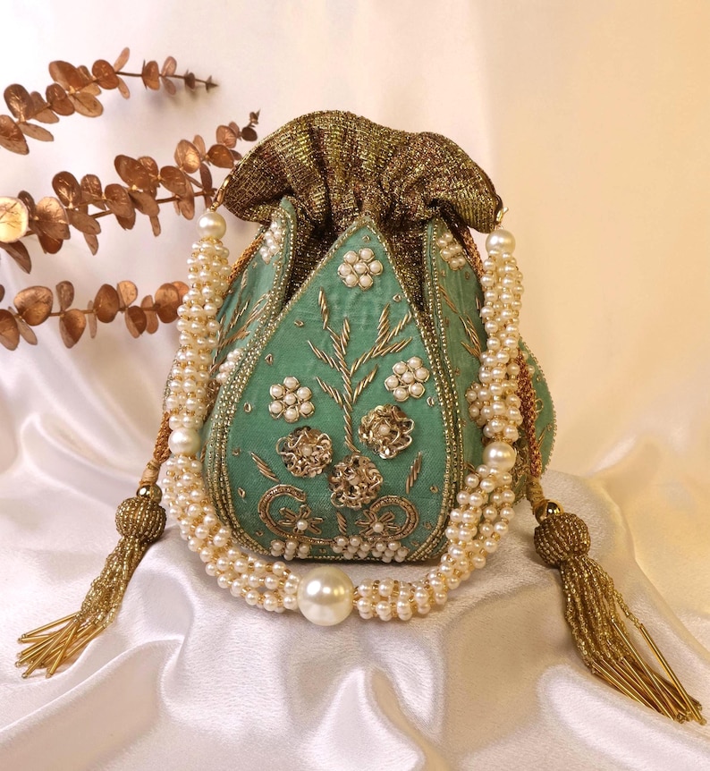 Red Lotus Potli Bag | Maroon Potli Bag | Embroidered Lotus Potli with Zardozi work | Indian Handcrafted Purse | Evening Bag | Bridal Clutch Mint Green