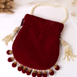Maroon Velvet Embroidered Potli Bag | Bridal Drawstring Pouch with Round Tassels | Indian Handcrafted Wedding Purse image 16