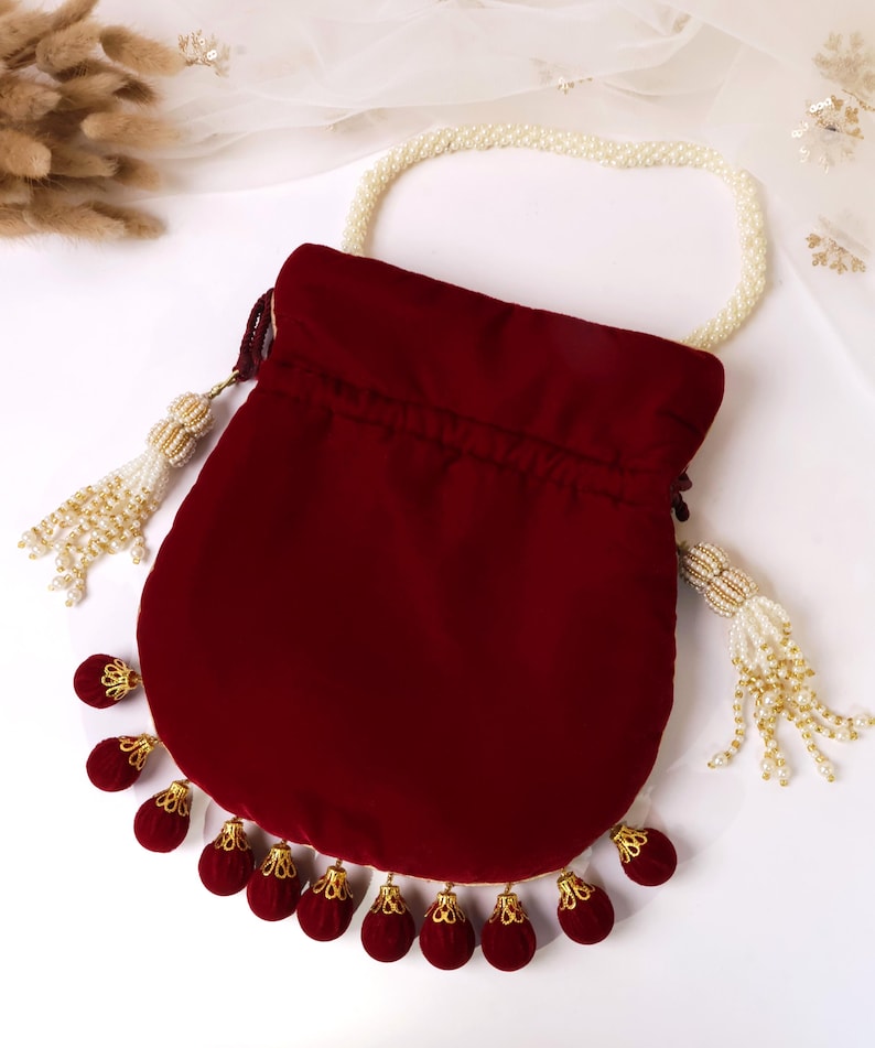 Maroon Velvet Embroidered Potli Bag | Bridal Drawstring Pouch with Round Tassels | Indian Handcrafted Wedding Purse image 16