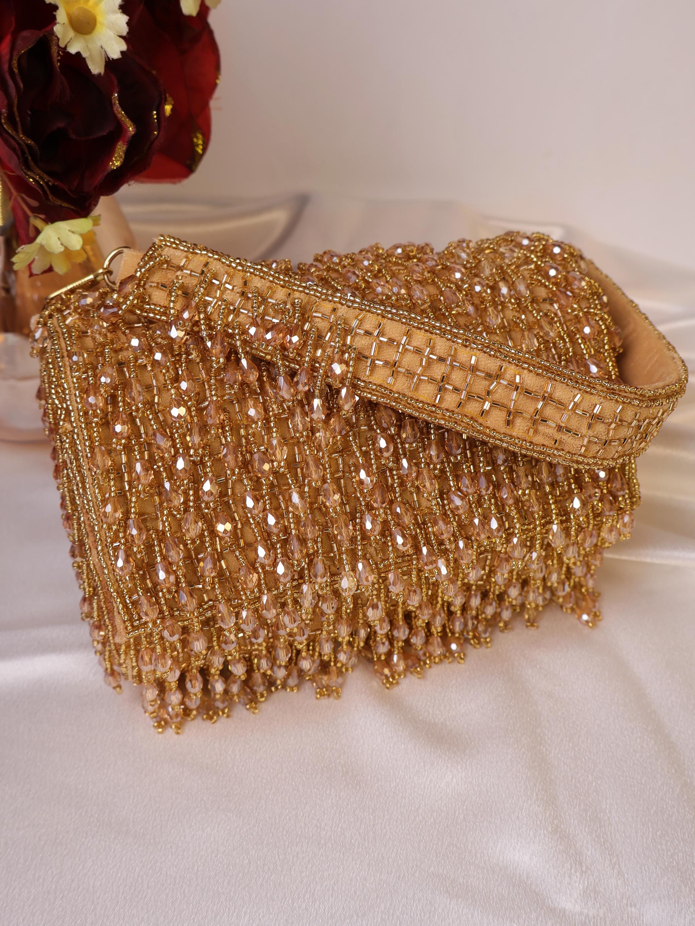 Golden Crystal Beaded Clutch Bag: Handcrafted Flap Style Bridal Purse