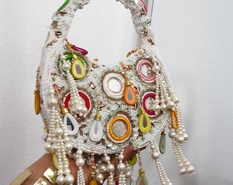 White Boho Beaded Mirror Bag | Multicolor Pearl Moon Bag | Handcrafted Crescent Purse | Bolsa De Espejo