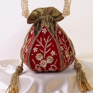 Red Lotus Potli Bag | Maroon Potli Bag | Embroidered Lotus Potli with Zardozi work | Indian Handcrafted Purse | Evening Bag | Bridal Clutch image 8