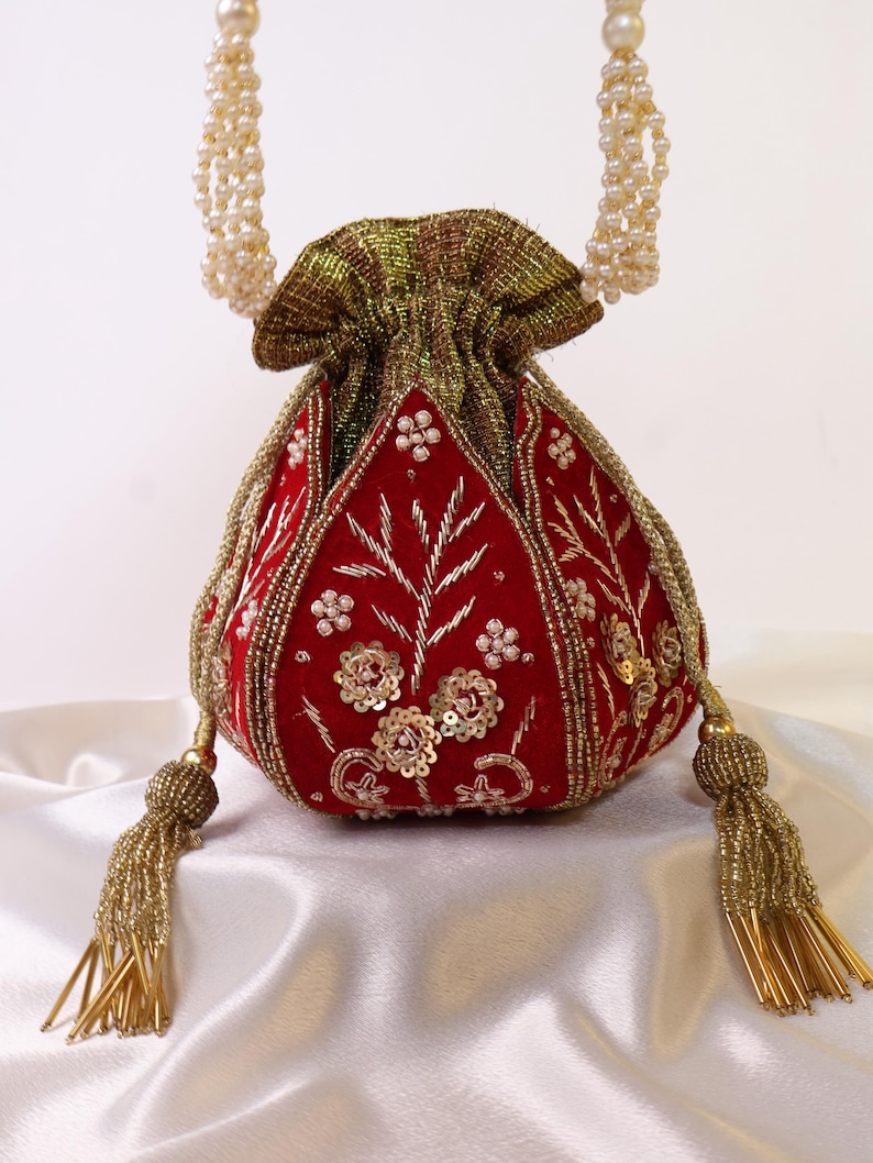 Red Lotus Potli Bag | Maroon Potli Bag | Embroidered Lotus Potli with Zardozi work | Indian Handcrafted Purse | Evening Bag | Bridal Clutch image 8